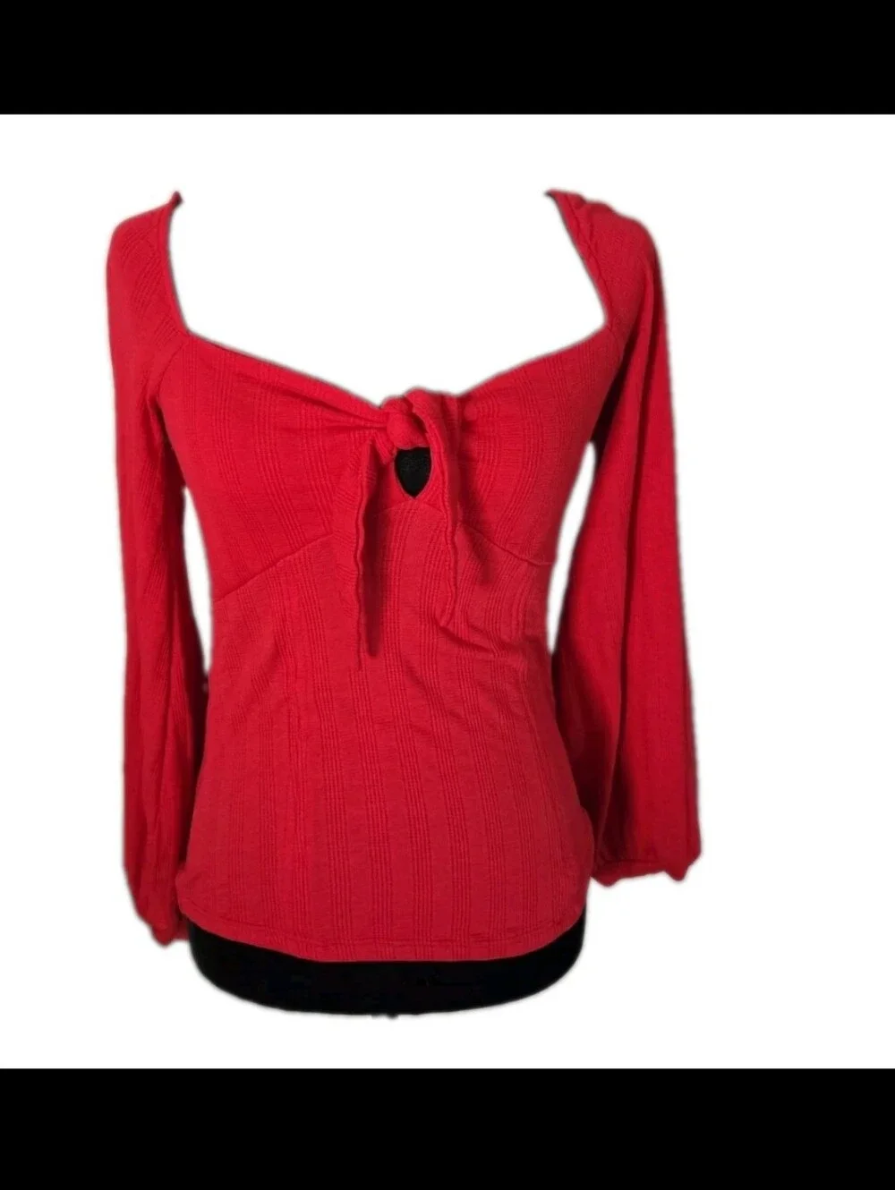 Free People Womens Red It's A Date Ribbed Tie Front Puff Sleeve Top S